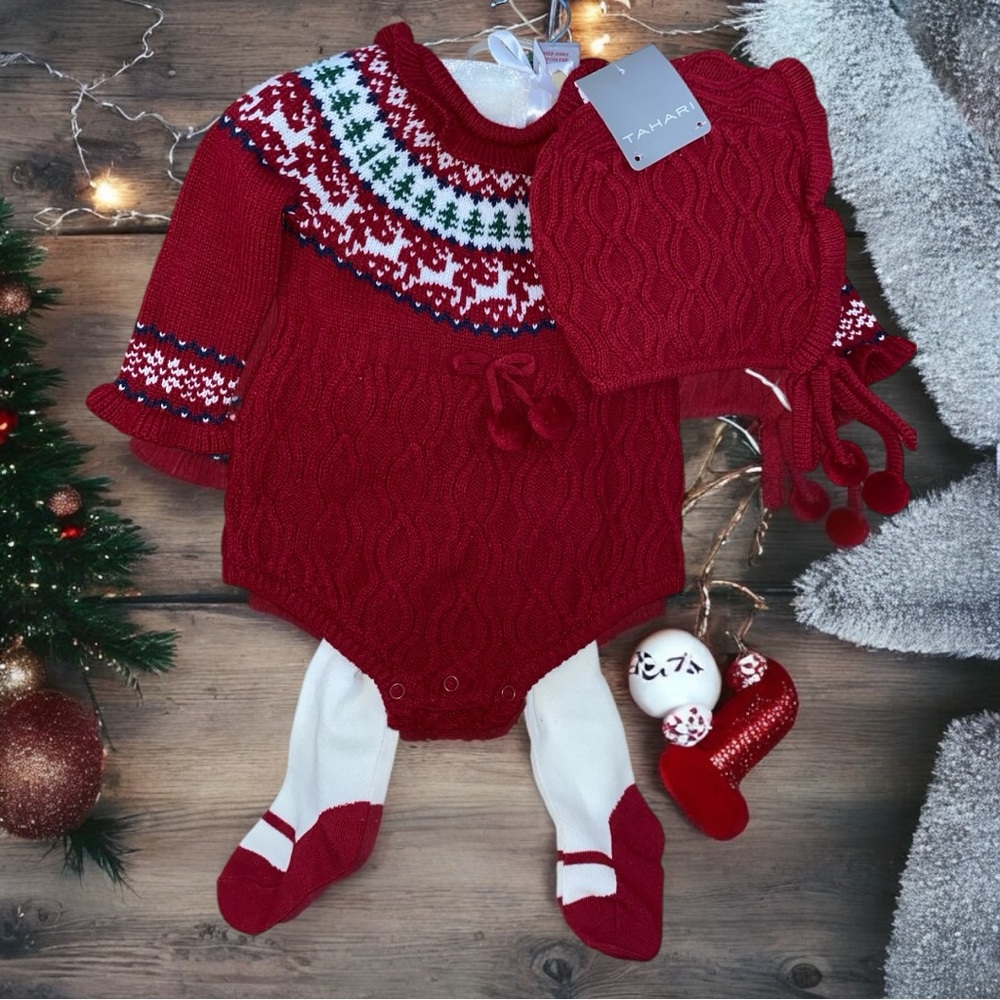 NEW TAHARI BABY FAIR ISLE KNIT SWEATER ROMPER SET• BONNET•TIGHTS•S/3-6M